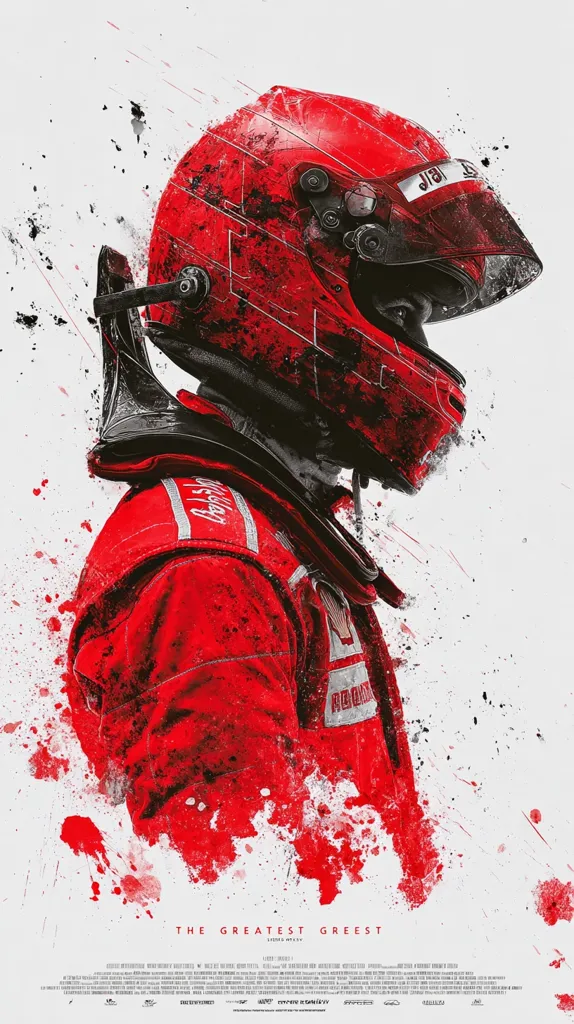 A stylized poster for "The Greatest Greest" features a driver in a red racing suit and helmet, rendered in a vibrant red and white splash-art style. The helmet is prominently displayed, and the driver's face is partially obscured.  The overall effect is dynamic and energetic, suggestive of speed and adrenaline.  The title is displayed at the bottom, along with film credits.