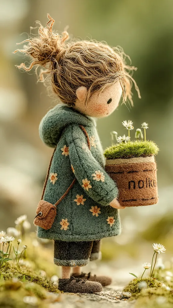 A charming handcrafted doll, with curly brown hair in a bun, is depicted holding a small pot of flowering plants.  She wears a teal coat adorned with embroidered flowers and carries a brown satchel. The doll's sweet expression and the delicate details of her clothing and the miniature plants create a whimsical and heartwarming scene.  The background is softly blurred, emphasizing the doll and her precious cargo.