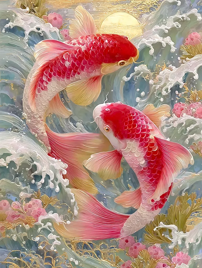 Two vibrant koi fish, predominantly red and white, gracefully swim amidst swirling turquoise waves.  Delicate pink coral and gold accents adorn the scene, creating a serene yet dynamic underwater tableau. The fish are depicted with intricate scales and flowing fins, set against a backdrop suggesting a tranquil sunset.  The overall style is reminiscent of East Asian art, emphasizing beauty and harmony.