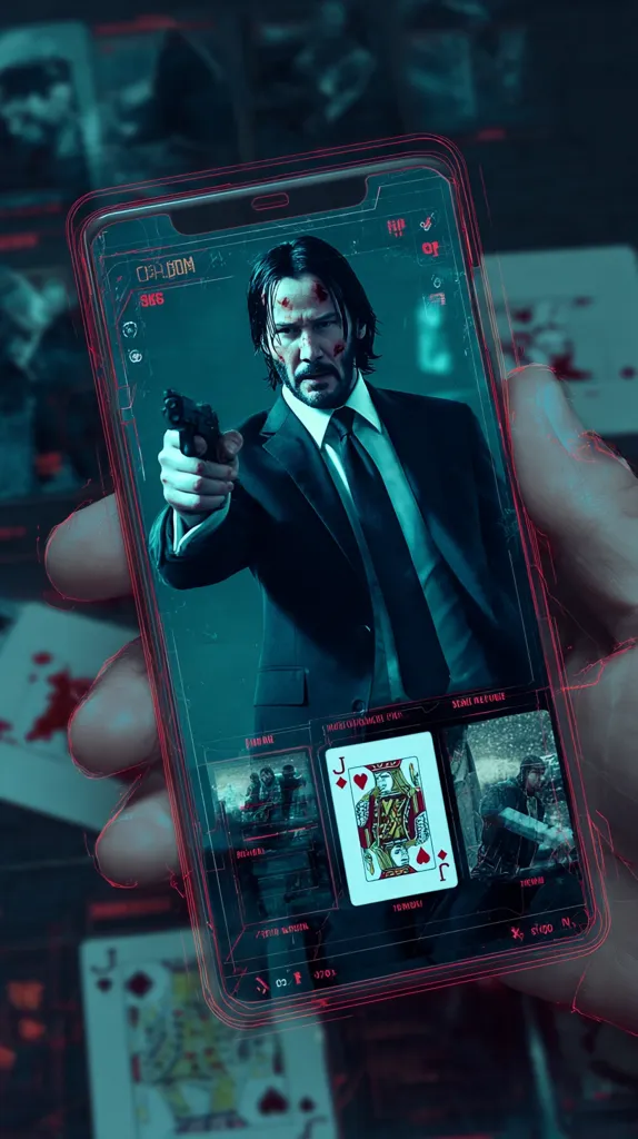 A smartphone displays Keanu Reeves as John Wick, aiming a pistol.  The screen overlays a futuristic, game-like interface with health points, a playing card (Jack of Hearts), and other game elements.  The background is blurred, showing playing cards and dark, violent imagery, creating a stylized and intense visual. The phone is held in a hand, suggesting gameplay or interaction with a digital world.