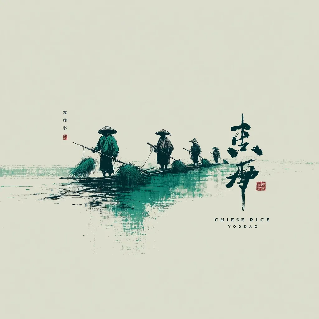 A minimalist East Asian-inspired artwork depicts farmers harvesting rice in a tranquil setting.  Four figures, wearing conical hats and traditional garb, stand on a raft, gently pushing bundles of rice stalks through calm water.  The scene is rendered in muted greens and grays, evocative of traditional ink wash painting.  Chinese characters and the words "Chinese Rice" are subtly incorporated.  The overall aesthetic is serene and evocative of rural life.