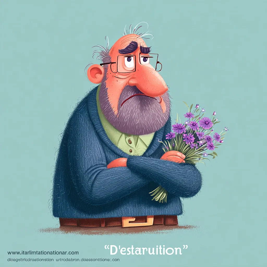 A grumpy-looking elderly man with a large nose and beard stands arms crossed, holding a bouquet of purple flowers.  He wears glasses and a blue cardigan over a green shirt. His expression is one of displeasure or sadness. The image is digitally illustrated with a cartoonish style. The word "D'estaruition" is written below.