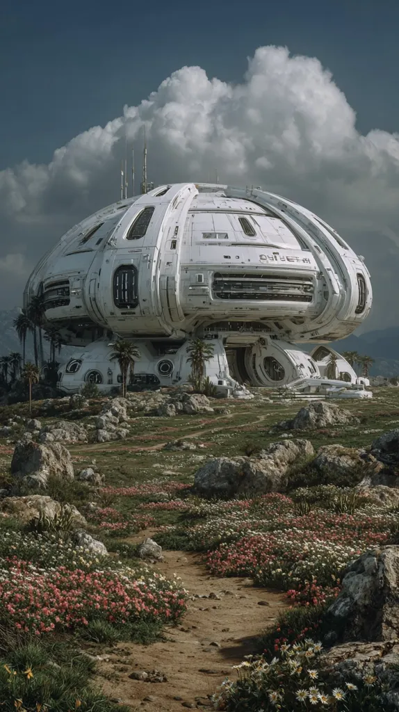 A large, white, dome-shaped spacecraft rests on a rocky, sparsely vegetated landscape.  Palm trees dot the terrain surrounding the craft, which features numerous portholes and antennae.  A dirt path winds through a field of wildflowers leading towards the spaceship, set against a backdrop of a partly cloudy sky. The scene evokes a sense of serene isolation in a futuristic setting.