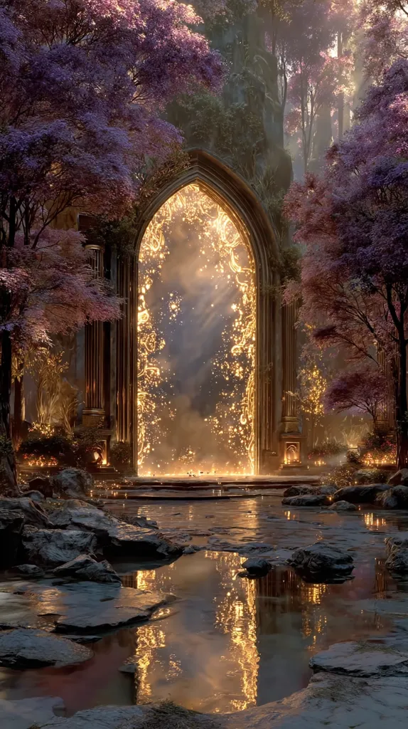 A mystical golden archway, adorned with shimmering particles, stands in a tranquil forest.  Purple-hued trees frame the entrance, their branches reaching towards the ethereal glow emanating from within the arch.  A calm stream reflects the magical scene, creating a serene and otherworldly atmosphere.  Small lights illuminate the path leading to the gateway, enhancing its enchanting allure.