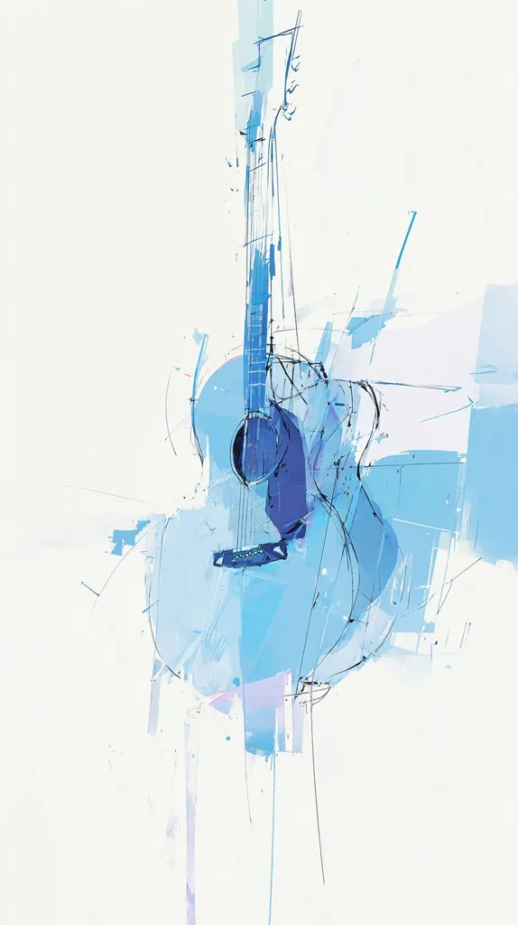 An abstract painting depicts a blue acoustic guitar.  The image uses a blend of sketched lines and watercolor washes in shades of blue, creating a sense of movement and energy. The guitar is the central focus, rendered with both precision and looseness,  suggesting both structure and spontaneity. The background is a pale, almost white canvas, allowing the blue hues of the guitar to stand out.  The overall effect is one of delicate strength and artistic freedom.