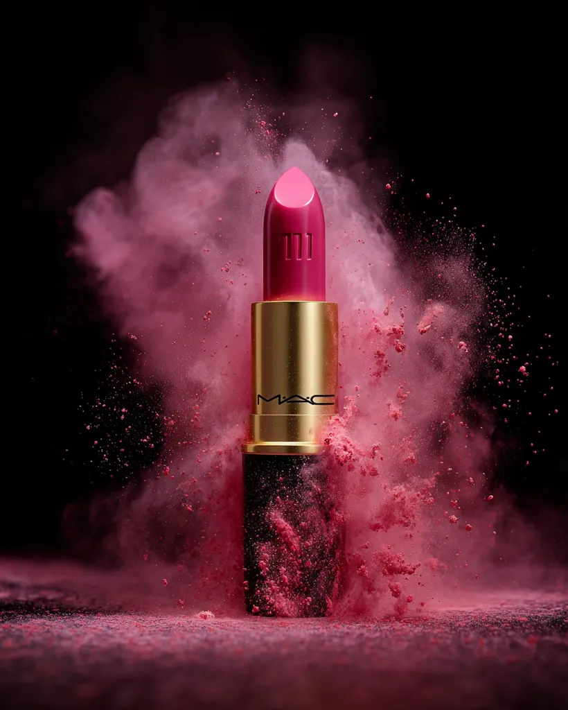 A MAC lipstick stands amidst a vibrant explosion of pink powder.  The gold casing and dark pink bullet contrast sharply against the dramatic cloud of color.  The image is striking, highlighting the product with a sense of energy and movement.  Fine particles of powder are suspended in the air, creating a visually captivating scene.