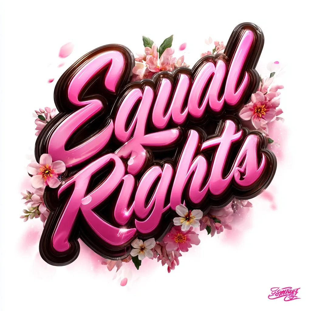The image showcases the phrase "Equal Rights" in stylized, three-dimensional lettering.  The words are rendered in glossy pink with dark brown outlines, giving a bold, impactful appearance.  Delicate pink blossoms and petals surround the lettering, creating a visually appealing and aesthetically pleasing design that promotes the concept of equality.