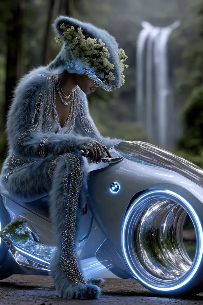 A futuristic scene depicts a woman in a stunning light-blue fur ensemble adorned with silver embellishments.  Her headpiece is a unique blend of fur and delicate white flowers. She sits gracefully on a sleek, light-grey futuristic motorbike with glowing neon blue wheels, set against the backdrop of a misty forest and a waterfall. The overall aesthetic is one of ethereal elegance and technological advancement.