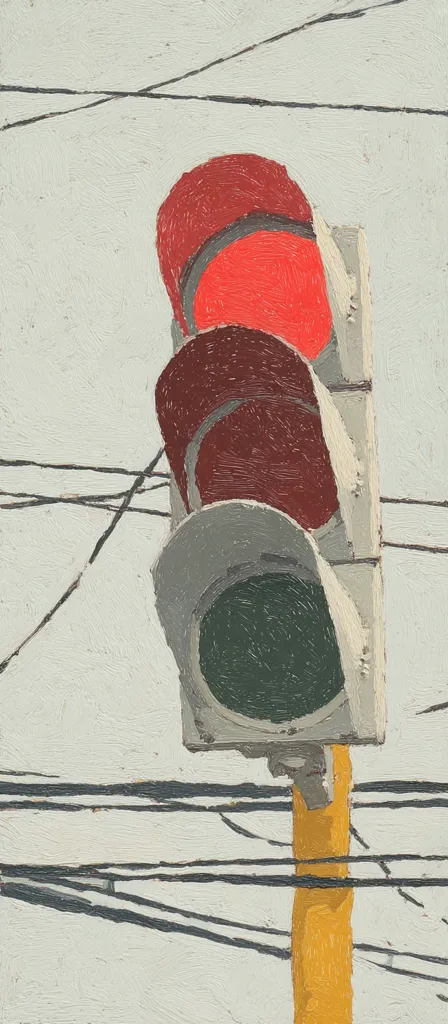 A stylized painting depicts a traffic light against a pale background crisscrossed with dark lines suggesting wires or power lines. The traffic light shows red, then dark red, and finally green lights, rendered with thick, textured brushstrokes. The overall effect is one of urban grit and artistic expressionism. The color palette is muted, with the exception of the vibrant red lights.  The style is reminiscent of post-impressionism or expressionism.