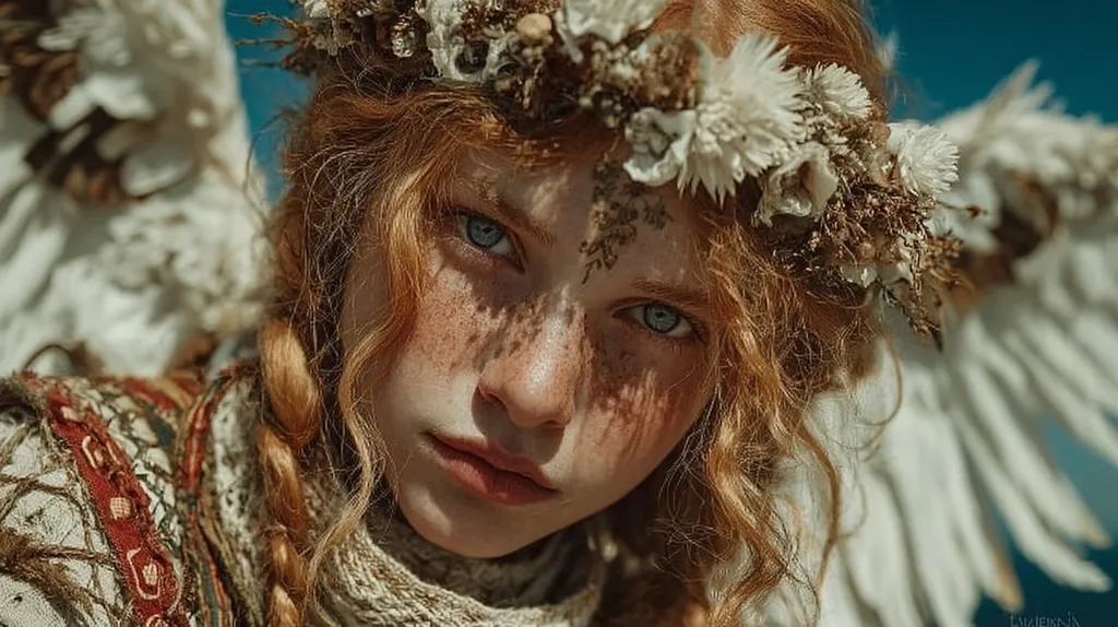 Close-up portrait of a young woman with vibrant red, curly hair adorned with a flower crown.  She has freckles and piercing blue eyes.  Large, feathery wings are partially visible behind her, suggesting an ethereal or angelic theme. The clothing is rustic and textured, complementing the overall whimsical and fantasy-inspired aesthetic.  Sunlight casts shadows on her face, enhancing the image's depth and mood.