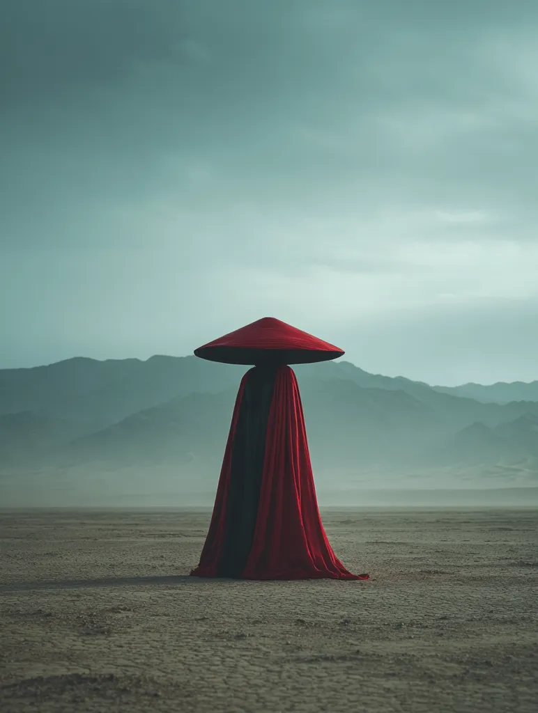 A lone figure, cloaked in a flowing red robe and a wide-brimmed hat, stands in a desolate, hazy desert landscape.  Mountains loom in the background under a muted sky. The scene evokes a sense of mystery and solitude, the figure appearing almost ethereal against the vast emptiness. The color palette is predominantly muted, emphasizing the dramatic contrast of the red against the neutral tones.