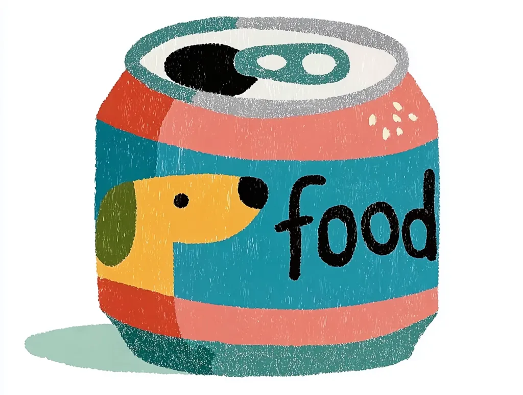 A stylized illustration depicts a can of dog food. The can is teal, with red and peach horizontal stripes, and features a cartoon dog's head on one side.  The word "food" is prominently displayed. The can's top is silver with a textured effect, and the overall style is playful and childlike, using a textured, almost hand-painted look.