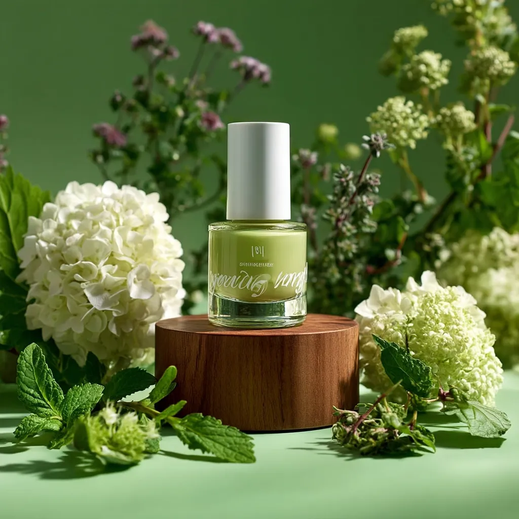 A bottle of light green nail polish sits on a small wooden pedestal.  Surrounding the bottle are various green plants and white hydrangeas, creating a serene and natural aesthetic.  The polish bottle features minimalist branding, and the overall image evokes a feeling of calm and freshness. The background is a soft, muted green.