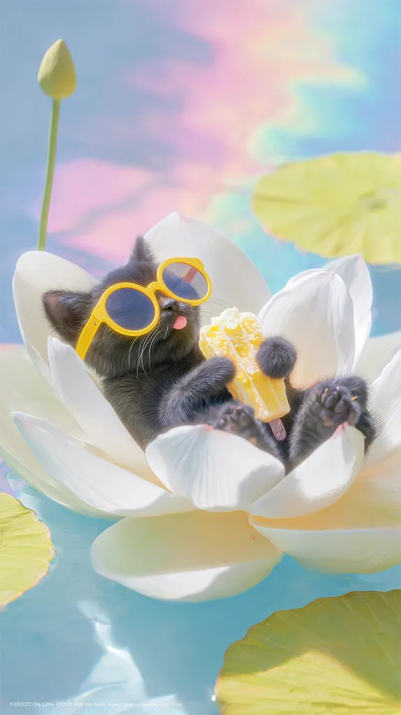 A black kitten, wearing yellow sunglasses, rests contentedly within a large, white lotus blossom floating on serene, pastel-colored water.  The kitten enjoys a yellow popsicle, its tongue playfully sticking out. The overall scene is whimsical and idyllic, evoking a feeling of summer peace and tranquility.  Soft lighting and a dreamy background enhance the image's charming aesthetic.