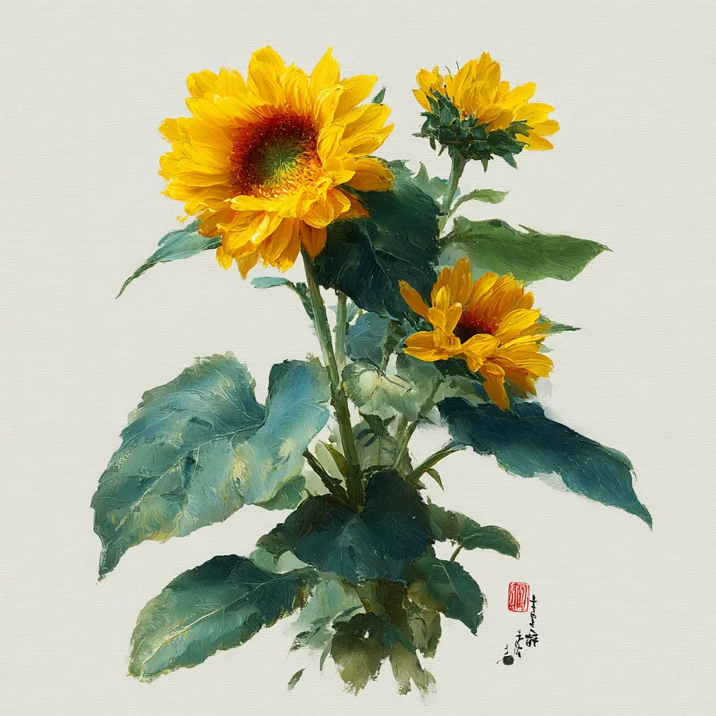 A vibrant oil painting showcases three sunflowers in varying stages of bloom.  The largest sunflower dominates the composition, its golden petals radiating outwards from a dark brown center. Two smaller sunflowers flank it, one slightly open and the other a bud.  The sunflowers are depicted with impasto brushstrokes, creating texture and depth, and are set against a soft, off-white background. The leaves are large and textured, painted in shades of green.  An artist's signature and stamp are subtly placed in the bottom right corner.
