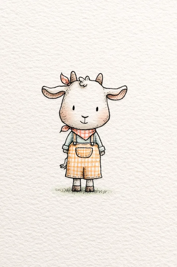 A charming illustration of a young goat, standing upright.  The goat is dressed in orange and white checkered overalls and a small red bandana.  Its expression is sweet and innocent. The artwork is done in a delicate, childlike style, with soft watercolors and fine line details.  The goat is positioned against a plain white background, suggesting a simple, pastoral scene.