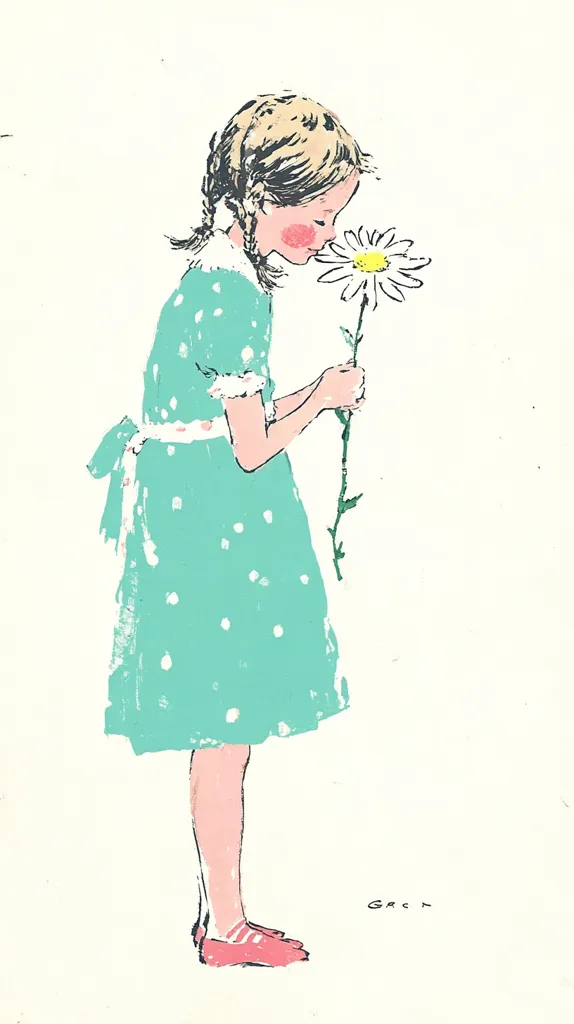 A charming illustration depicts a young girl, her blonde pigtails neatly styled. She's dressed in a light teal polka-dotted dress, accented with a white collar and a bow at the waist.  She delicately holds a single daisy, her face gently nuzzled against its petals, suggesting a moment of quiet appreciation for nature's beauty. The style is reminiscent of children's book illustration, light and whimsical.  She wears simple pink shoes.