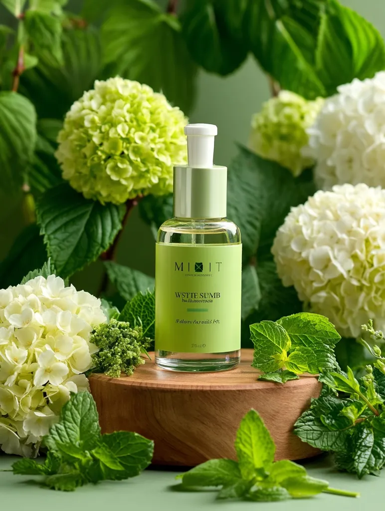 A bottle of MIIT WSITE SUMB face wash sits on a wooden pedestal surrounded by lush green hydrangeas and mint.  The bottle is light green with a white pump dispenser. The label features minimalist design and text indicating its purpose as a facial wash. The overall aesthetic is clean, natural, and spa-like.