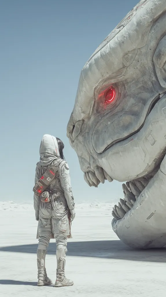 A lone figure in futuristic, white, protective gear stands facing a massive, stone-like creature with glowing red eyes. The creature resembles a colossal beast, its textured surface suggesting age and power.  The setting is a desolate, white landscape, emphasizing the scale of the creature and the vulnerability of the human-like figure.  The scene evokes a sense of mystery and potential confrontation.