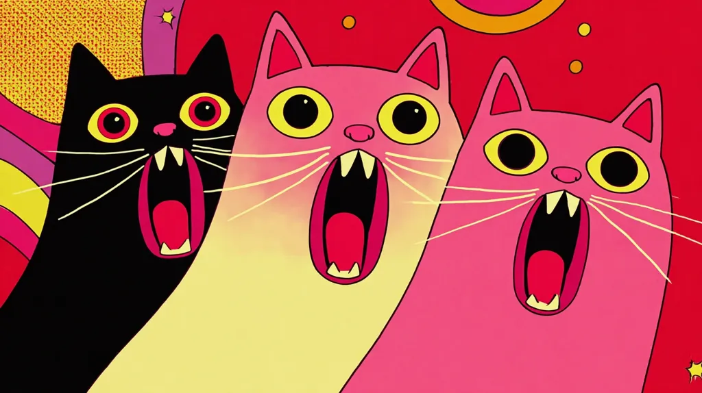 Three stylized cats with large eyes and open mouths dominate a vibrant, psychedelic background.  The cats are rendered in bold colors: black, yellow-pink gradient, and bright pink.  Their exaggerated features and the swirling, circular background create a whimsical, almost surreal, artistic effect. The overall aesthetic evokes 1960s pop art.