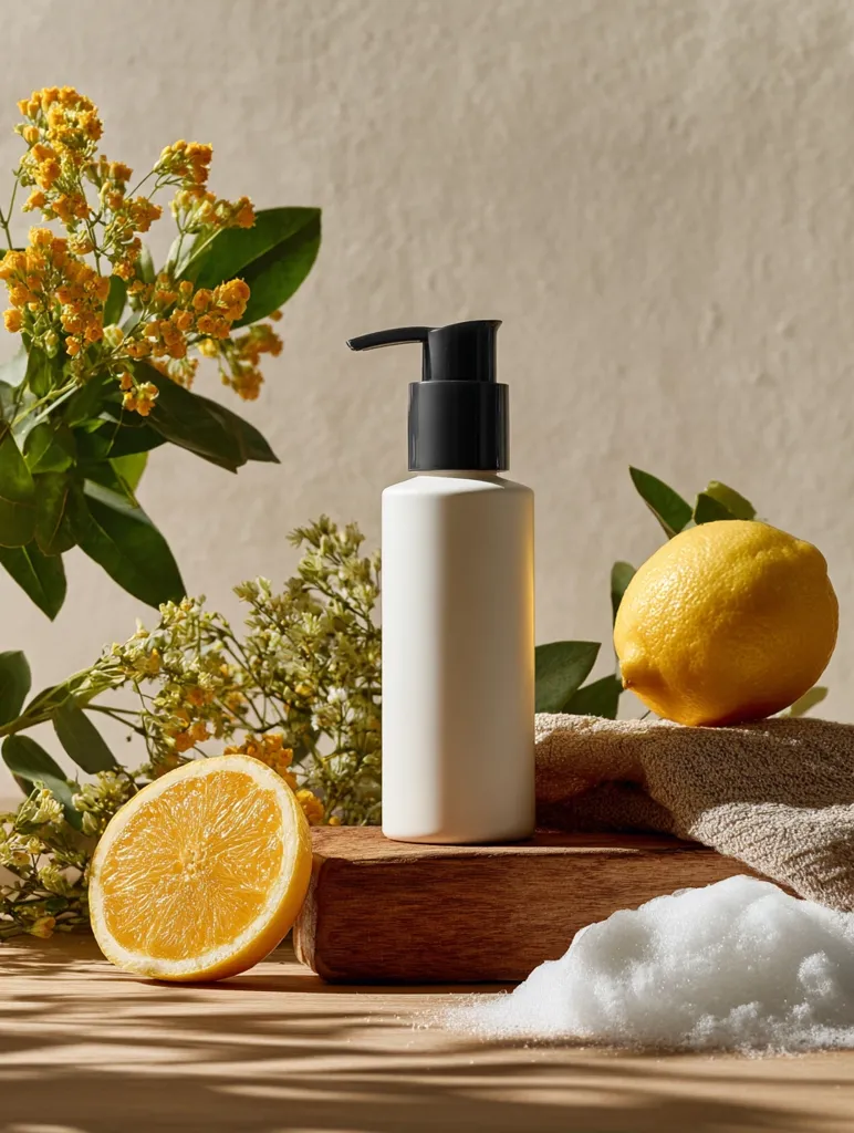 A white pump bottle of body wash sits on a wooden block, surrounded by lemons and blooming yellow flowers.  A pile of white foam rests on the table beside it, suggesting the product's texture. The scene is bathed in warm, natural light, creating a spa-like atmosphere.  The overall aesthetic is clean, simple, and evokes a feeling of freshness and natural ingredients.