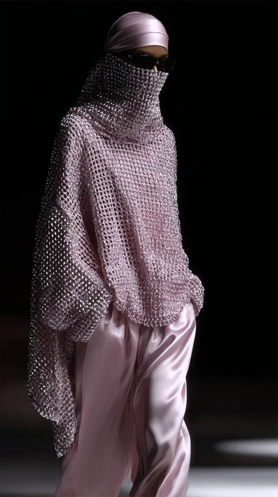 A model wears a mauve ensemble.  The outfit features a loose, chainmail-like top covering the head and shoulders, paired with satin trousers. Sunglasses obscure the eyes, adding an air of mystery. The pale color palette and flowing fabrics create a soft, yet striking, overall impression.  The dark background emphasizes the clothing's texture and form.