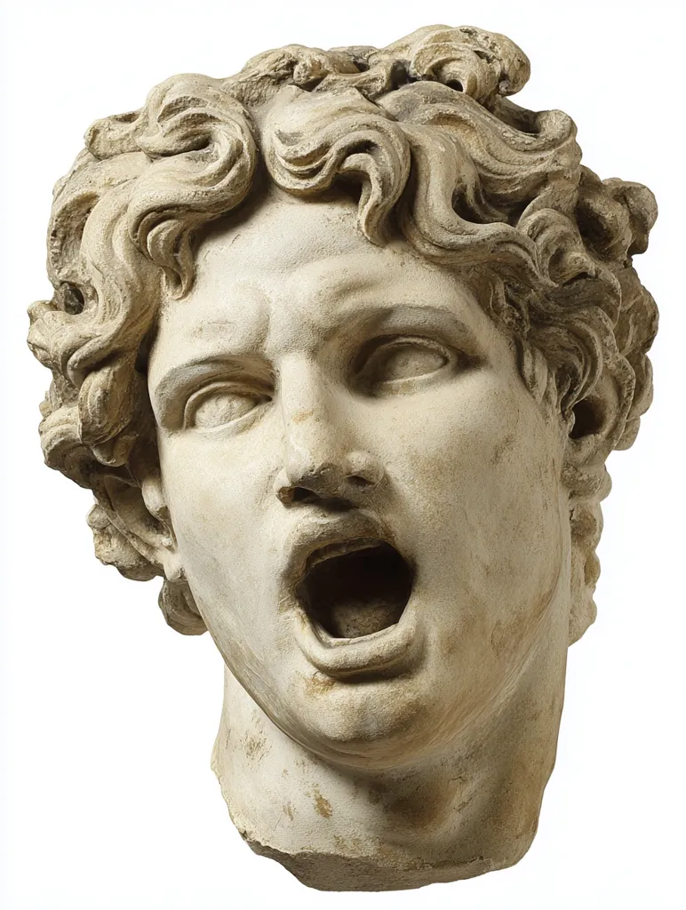 A detailed close-up reveals a marble sculpture of a male head, seemingly carved from a single block of stone.  The subject's mouth is open in a dramatic shout, and his curly hair is meticulously rendered. The light beige marble exhibits subtle variations in tone, adding depth and texture to the expressive features.  The sculpture’s style suggests a classical influence, possibly Hellenistic or Roman.