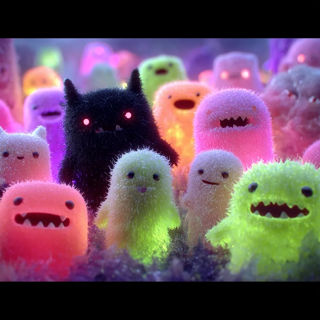 A group of adorable, brightly colored, fluffy monsters glows in the dark.  They have various expressions and features, some friendly, others slightly mischievous.  A black monster with red eyes stands prominently in the center, surrounded by a crowd of pink, green, and other pastel-hued creatures.  The overall scene is whimsical and playful, with a vibrant, almost magical atmosphere.