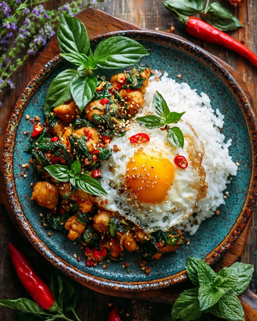 A vibrant overhead shot showcases a delicious meal:  Stir-fried chicken with basil, chili flakes, and sesame seeds served atop fluffy white rice. A perfectly fried sunny-side-up egg rests on the rice, adding richness.  Fresh basil leaves garnish the dish, which is presented on a rustic teal-colored plate.  Red chili peppers and fresh herbs are artfully arranged around the plate, enhancing the visual appeal.