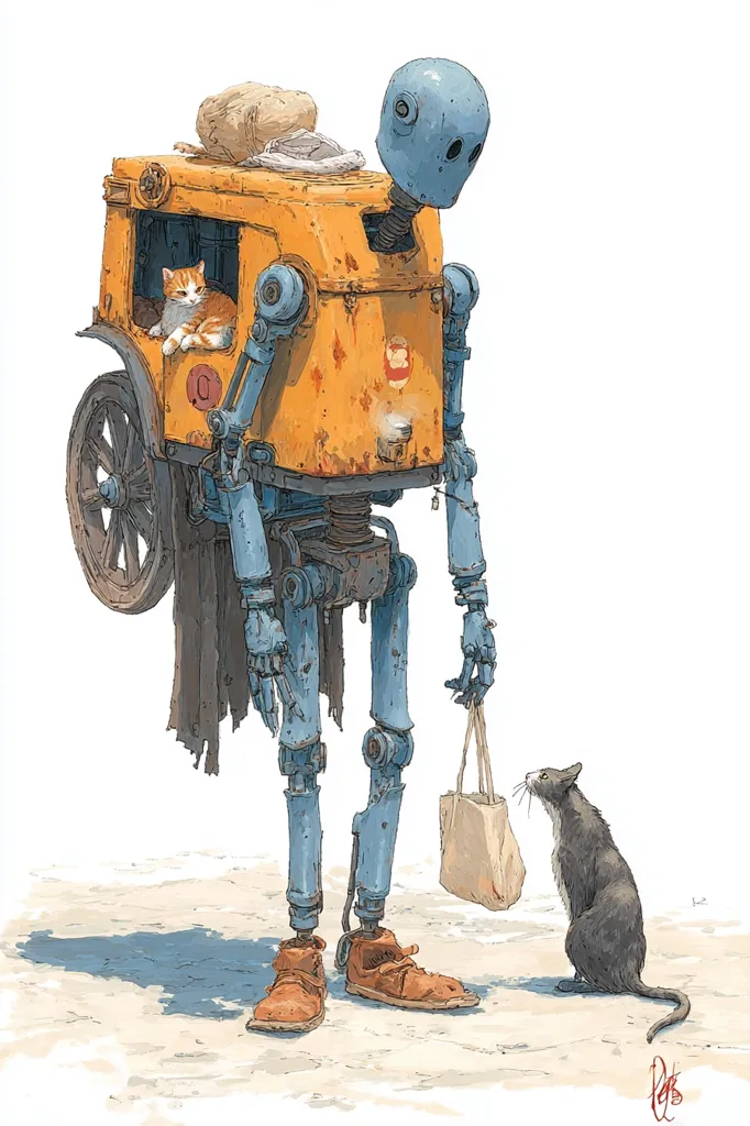 A rusty, blue robot with an orange cart pulls up to a grey cat.  The cart carries a ginger cat inside and some luggage on top. The robot, wearing worn boots, holds a paper bag.  The scene is rendered in a painterly style, evoking a sense of quiet companionship in a whimsical, post-apocalyptic setting. The overall mood is gentle and slightly melancholic.