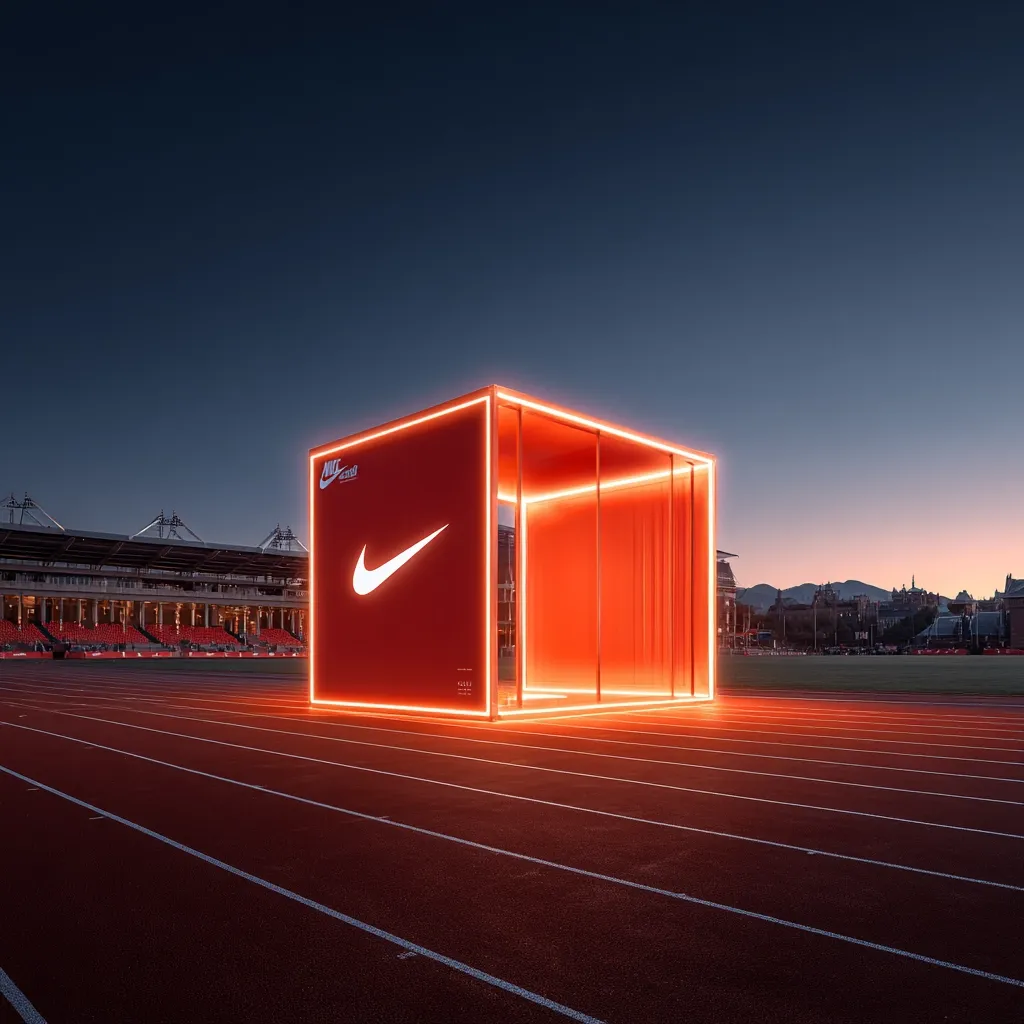 A glowing orange Nike cube sits on a running track at dusk.  The cube is outlined in bright neon lights, and features a large Nike swoosh logo.  A stadium is visible in the background, suggesting a sporting event or promotional setting. The overall aesthetic is modern, vibrant, and striking.