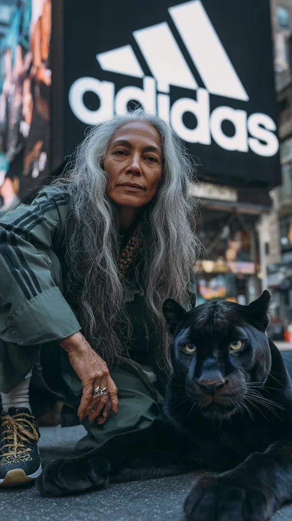 A woman with long gray hair, wearing an Adidas jacket and sneakers, crouches beside a black panther in a city street.  A large Adidas logo is visible on a billboard in the background. The woman's pose is calm and confident, her gaze directed towards the viewer. The panther is also looking directly at the camera, creating a powerful image.
