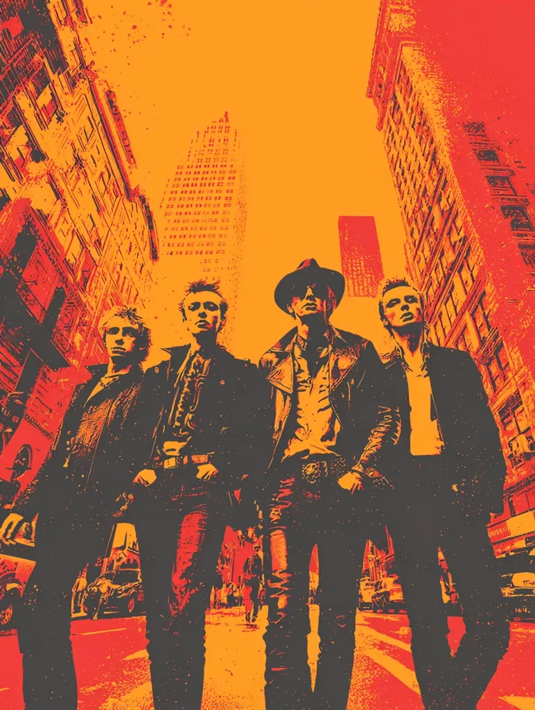 A stylized poster depicting four figures, possibly a band, standing on a city street.  The image uses a bold, limited color palette of oranges and blacks, giving it a gritty, urban feel.  The figures are sharply silhouetted, dressed in leather jackets, suggesting a rock and roll or punk aesthetic. The tall buildings in the background emphasize a sense of city life and energy.  The overall style is reminiscent of vintage rock album art.
