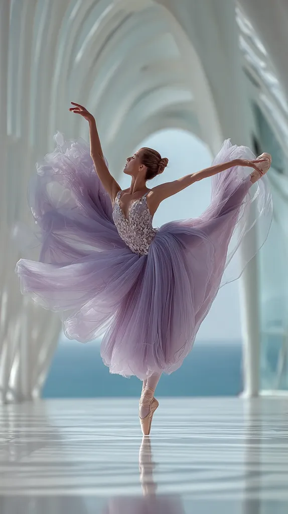 A ballerina in a lavender tulle tutu performs a graceful arabesque.  Her pose is elegant and poised, showcasing her strength and flexibility. The setting is a modern, bright space with architectural arches, creating a striking contrast to the soft color of her costume.  Sunlight reflects on the polished floor, mirroring the dancer's graceful form.