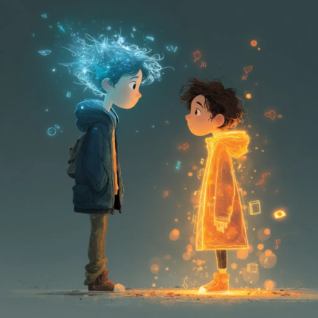 Two stylized children stand facing each other, bathed in ethereal light.  One child, in a blue jacket, emanates cool, cyan energy; the other, in a yellow coat, glows with warm, orange light.  Musical notes and abstract shapes float around them, suggesting a connection or shared experience.  The artwork is evocative and dreamlike, hinting at imagination or a magical bond.