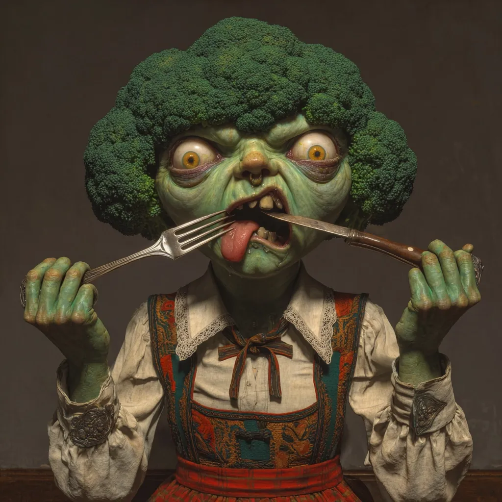 A grotesque figure, its head resembling a broccoli, is depicted.  The creature has bulging eyes, a large nose ring, and a sinister grin.  It holds a fork and knife, playfully inserted into its mouth, with its tongue sticking out. The figure is dressed in a traditional-style blouse and skirt, creating a stark contrast between its appearance and attire.  The overall tone is darkly humorous and slightly unsettling.