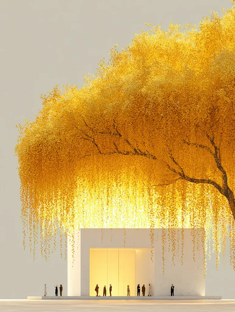 A minimalist, white cube structure stands beneath a magnificent golden tree, its branches laden with cascading leaves.  A small group of figures stand before the building's entrance, bathed in the warm, ambient light filtering through the foliage.  The scene is serene and evocative, suggesting a place of contemplation or quiet gathering. The overall effect is one of peaceful harmony between nature and architecture.