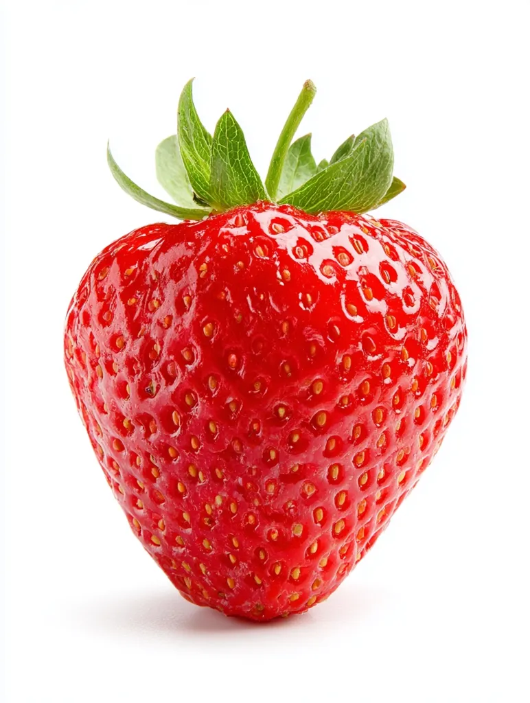 A single, ripe strawberry is presented against a stark white background.  Its vibrant red skin is speckled with tiny yellow seeds, and the green calyx sits atop.  The strawberry appears juicy and fresh, showcasing its natural texture and color. The image is sharply focused, highlighting the detail of the fruit.