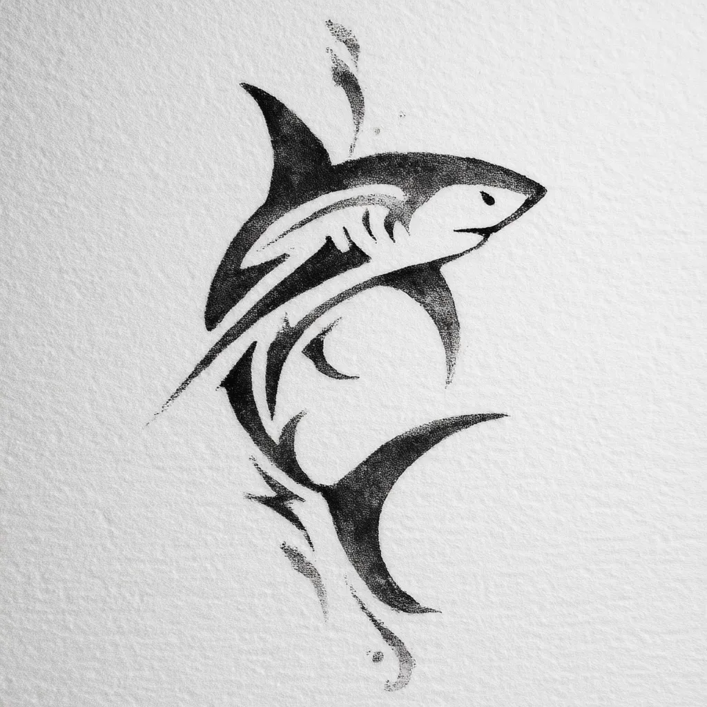 A stylized black ink drawing of a shark on textured white paper. The shark is depicted in a tribal or abstract style, with its body flowing into swirling lines suggesting movement and water.  The artwork has a bold, graphic quality, the dark ink contrasting sharply with the light background.  The overall effect is one of power and grace.