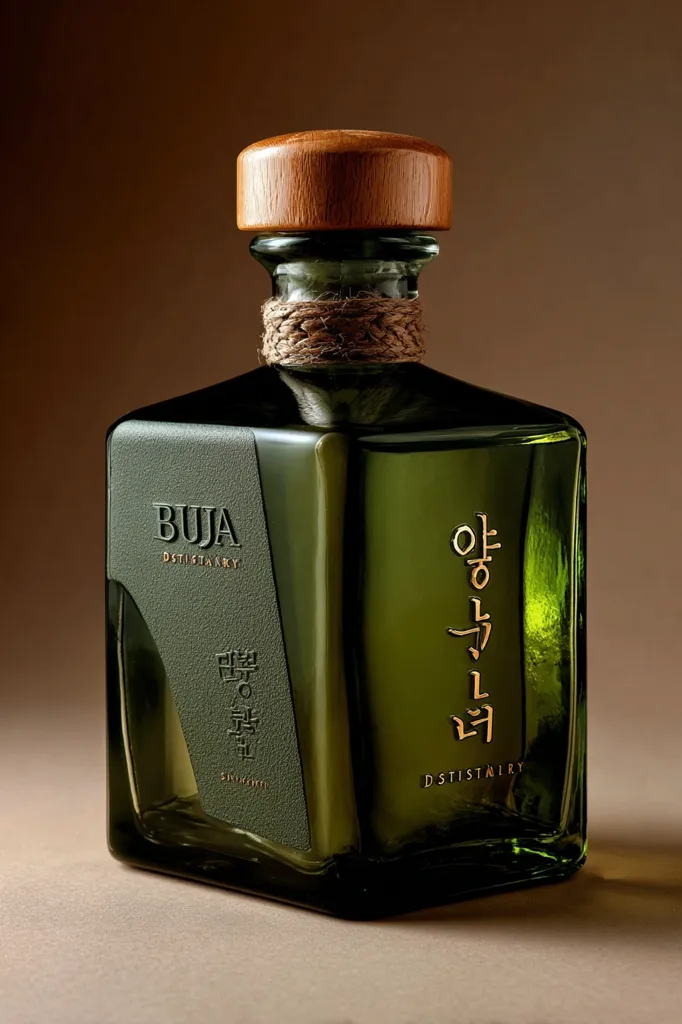 A dark green glass bottle of Buja Distillery Soju sits on a beige surface.  The bottle has a unique angular shape and a wooden top secured with a rope.  Gold lettering in both English and Korean is subtly embossed on the bottle, indicating the distillery and spirit type. The overall aesthetic is sophisticated and minimalist.