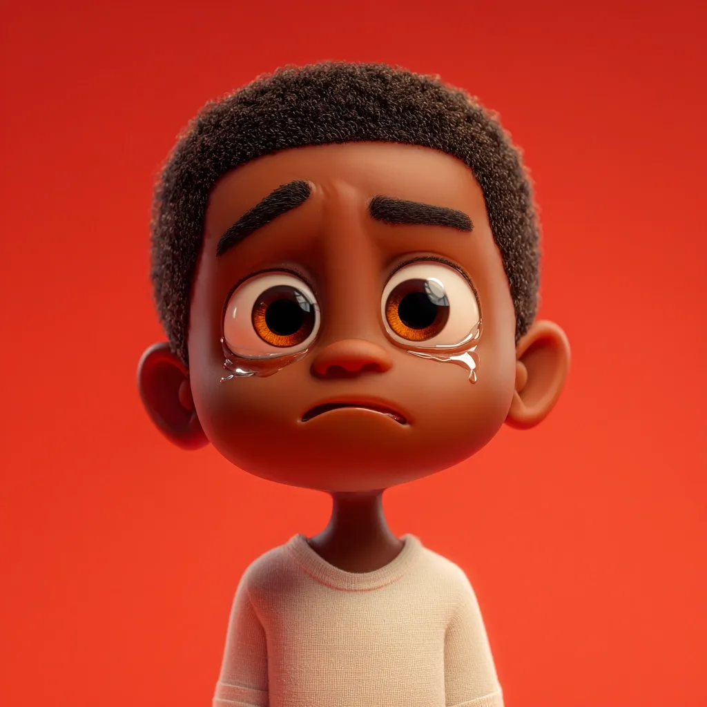 A 3D-rendered image depicts a young Black boy with a sorrowful expression. Tears stream down his cheeks, emphasizing his sadness. His large eyes and downturned mouth enhance the emotional impact. He's dressed in a simple, light-colored shirt against a vibrant red backdrop. The image's style is cartoonish yet emotionally evocative.