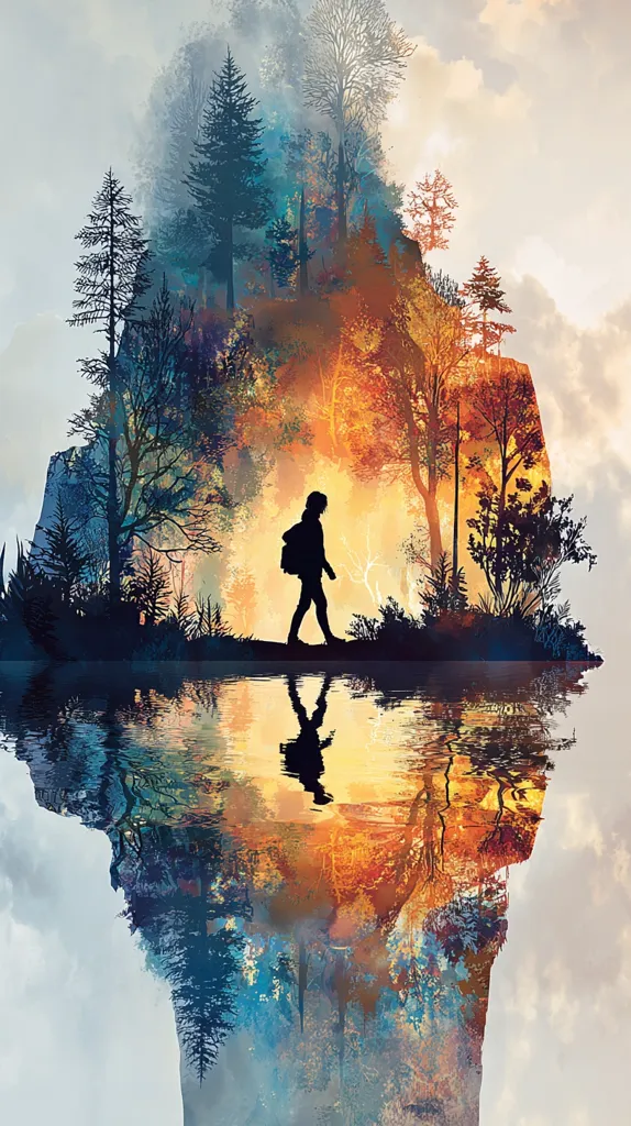 A solitary figure, silhouetted against a vibrant, surreal landscape, walks along a tranquil lake's edge. The background is a breathtaking blend of autumnal hues and evergreen forests, seamlessly merging into a rocky cliff face. The scene is mirrored in the calm waters, creating a captivating double image.  The artwork evokes a sense of journey and introspection within a dreamlike natural world.
