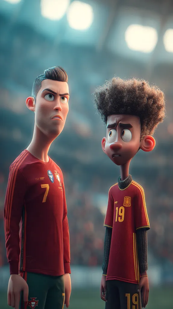 A stylized cartoon rendering depicts Cristiano Ronaldo, a Portuguese footballer, and another young player, possibly a teammate.  Both are wearing red Portugal-style jerseys, Ronaldo with the number 7 and the other with 19.  They stand in a blurred stadium background, seemingly engaged in a quiet conversation or moment of contemplation.  The animation style is expressive, emphasizing their features.
