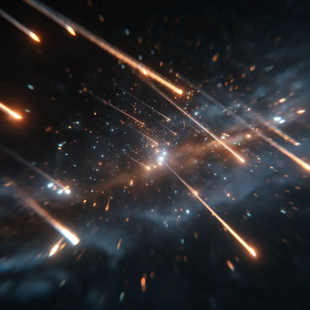 A mesmerizing digital artwork depicts a multitude of shooting stars streaking across a dark, star-filled expanse.  The meteors, with their fiery trails, converge towards a central point, creating a sense of depth and movement.  The background is a blend of dark hues and subtle nebulae, enhancing the dramatic effect of the celestial event.  The overall impression is one of cosmic energy and awe-inspiring beauty.