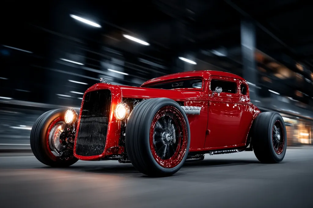 A vibrant red hot rod, a classic American custom car, speeds through a blurred urban setting.  Its large, chrome wheels and custom bodywork are sharply defined against the motion blur.  The car's powerful presence and sleek design evoke a sense of speed and nostalgia.  The image captures the beauty of classic car modification.