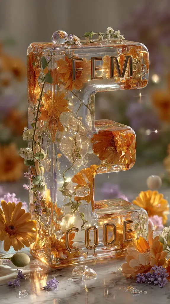 A glass letter "E" filled with orange flowers and clear liquid sits on a marble surface.  The words "FEM CODE" are inscribed in gold lettering on the glass.  Small, clear spheres are scattered around the base.  Delicate, dried flowers and greenery adorn the sculpture, creating a whimsical and elegant aesthetic. The overall tone is warm and soft, bathed in a golden light.