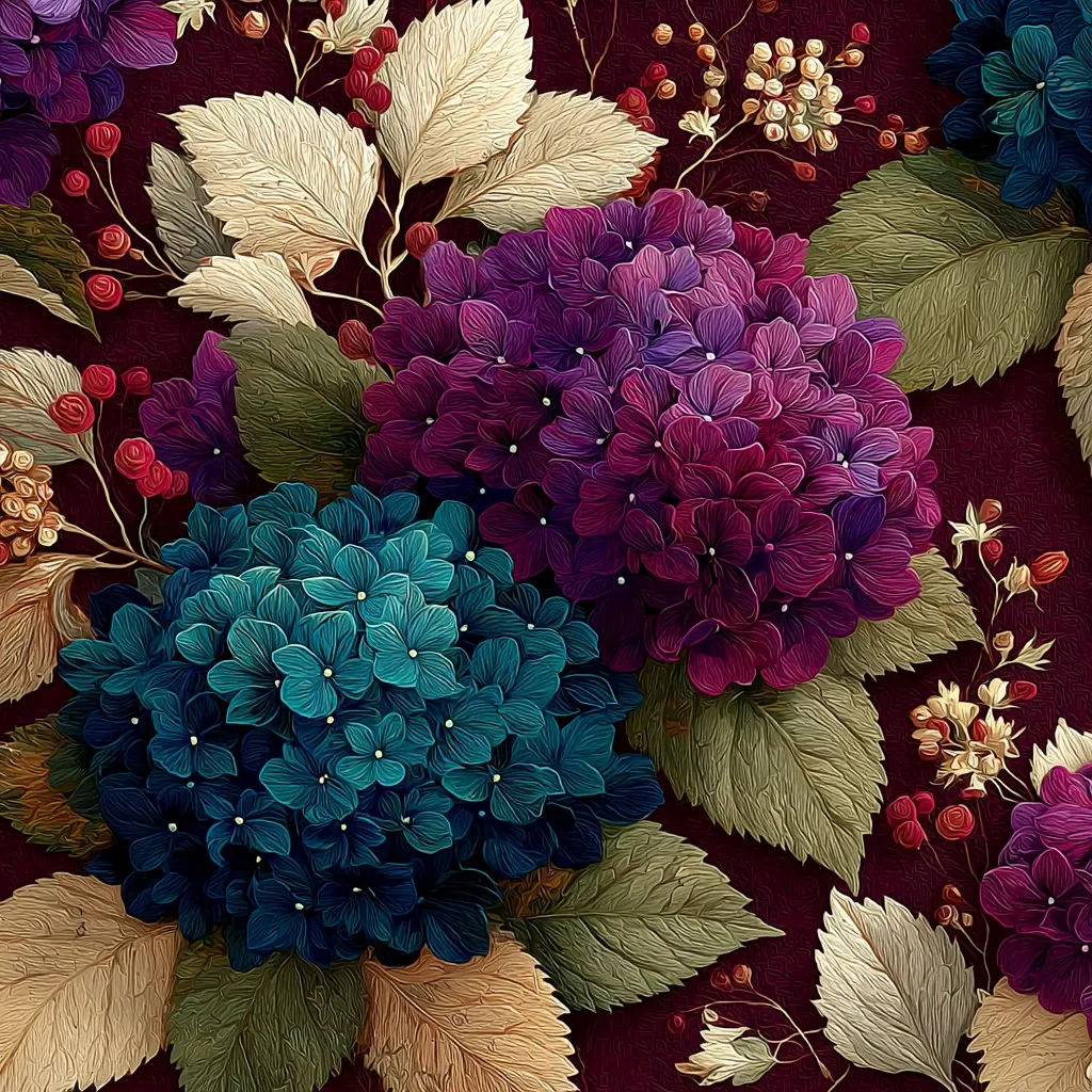 A vibrant close-up showcases two lush hydrangea blooms, one in deep purple and the other a striking teal.  Surrounding them are richly textured leaves in shades of olive and beige, along with delicate sprigs of berries and small wildflowers. The dark burgundy background enhances the floral arrangement's intensity, creating a luxurious and painterly effect. The image evokes a sense of opulence and natural beauty.