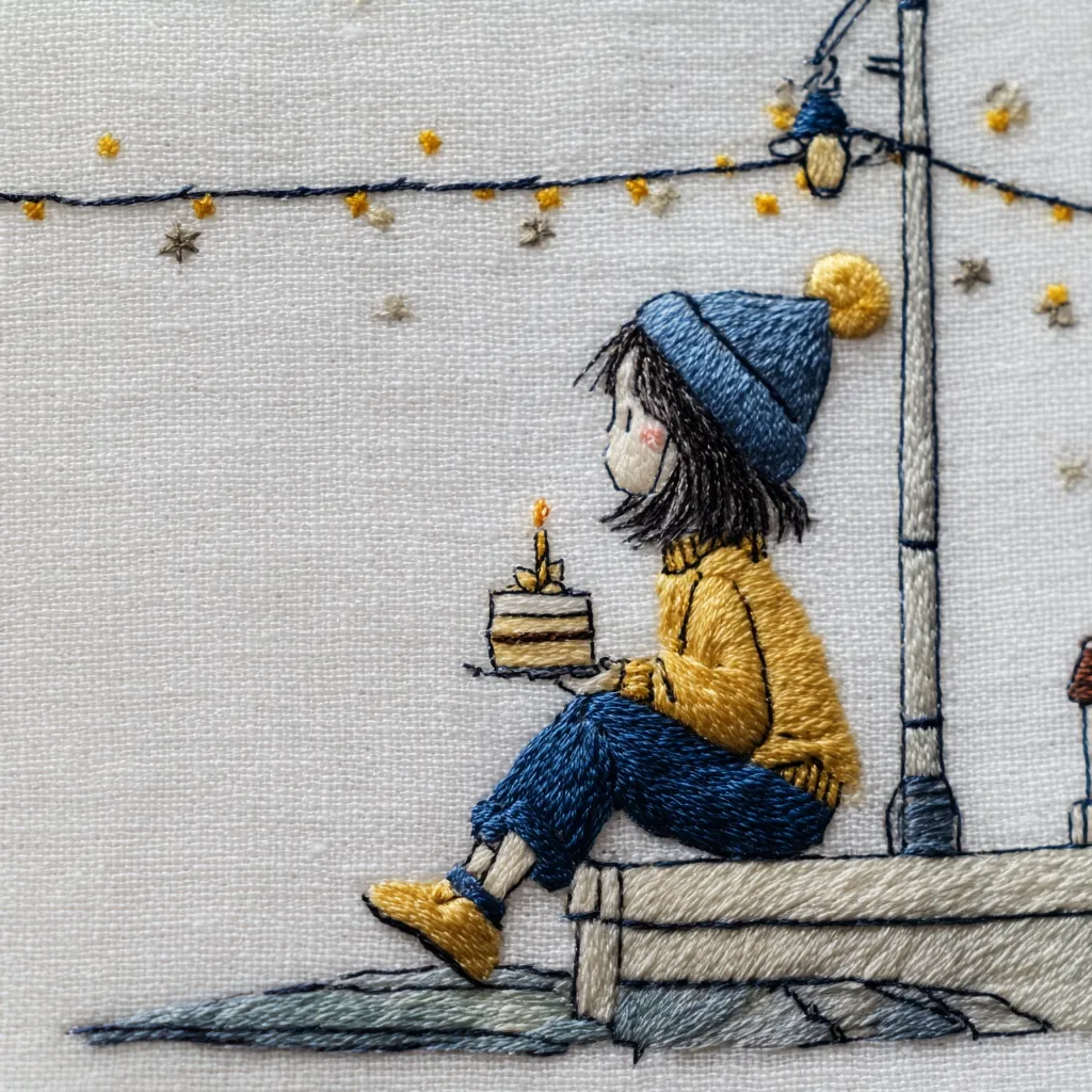 A charming embroidery depicts a girl in a blue beanie and yellow sweater, seated on a low wall beneath a lamppost. She holds a small, single-candle birthday cake.  A string of fairy lights illuminates the scene, creating a peaceful, whimsical atmosphere.  The stitching style is delicate and detailed, showcasing the artist's skill. The overall impression is one of quiet joy and celebration.
