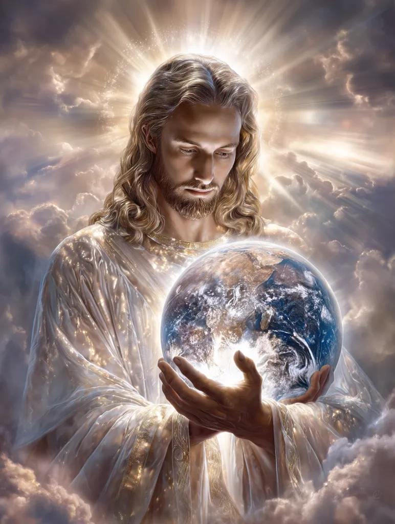 A radiant depiction of Jesus Christ, adorned in flowing white robes, gently cradles the Earth in his hands.  Surrounded by luminous clouds and heavenly light, his expression is one of serene compassion.  The image conveys themes of divine love, protection, and the interconnectedness of humanity and the cosmos.  His long, flowing hair adds to the ethereal quality of the piece.