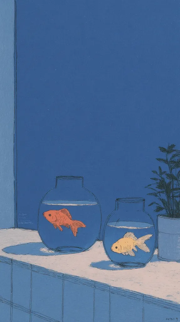 A minimalist illustration depicts two goldfish in separate glass bowls.  One fish is orange, the other yellow. They sit on a pale blue tiled surface against a deep blue background. A small potted plant is visible to the right. The overall aesthetic is calm and serene, with a muted color palette emphasizing blues and a touch of pastel. The style is reminiscent of simple line drawings with subtle shading.